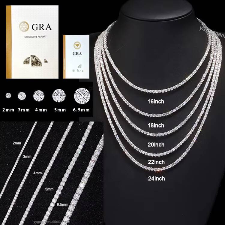 Ready to Ship GRA Moissanite 2mm-5mm Pass Diamond Test S925 Sterling Silver Women Men HipHop Diamond Tennis Chain Necklace