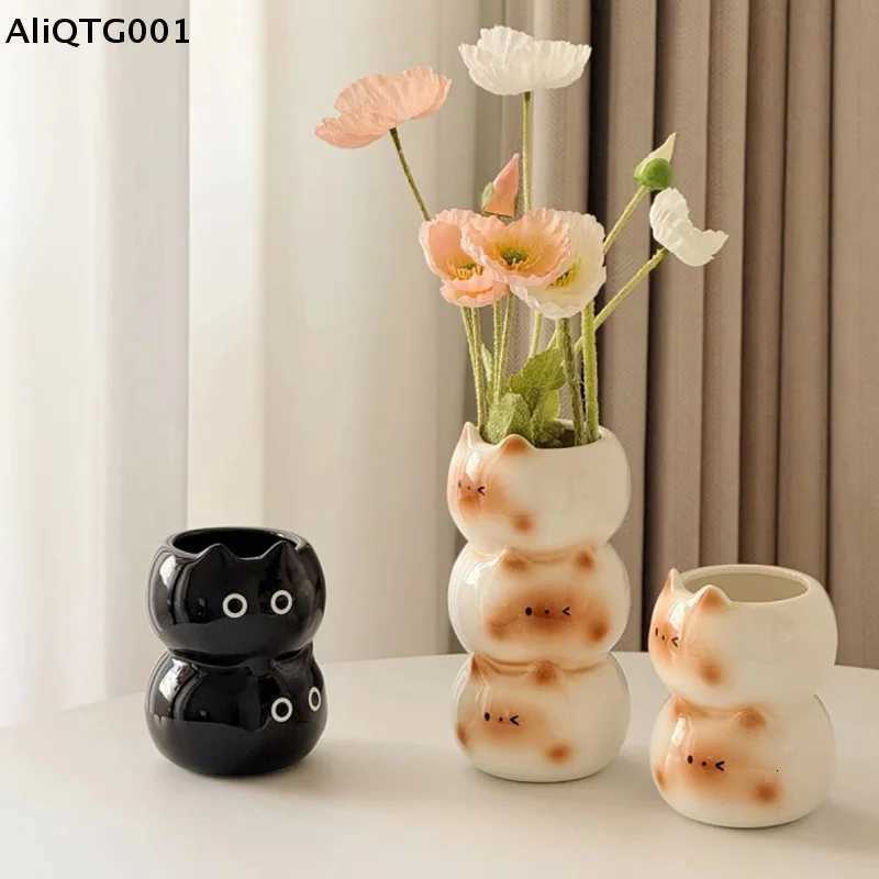 Ceramic Siamese Cat Flower Pot Living Room Bedroom Decorative Ornaments Creative Flower Arrangement Storage Holder Y260314