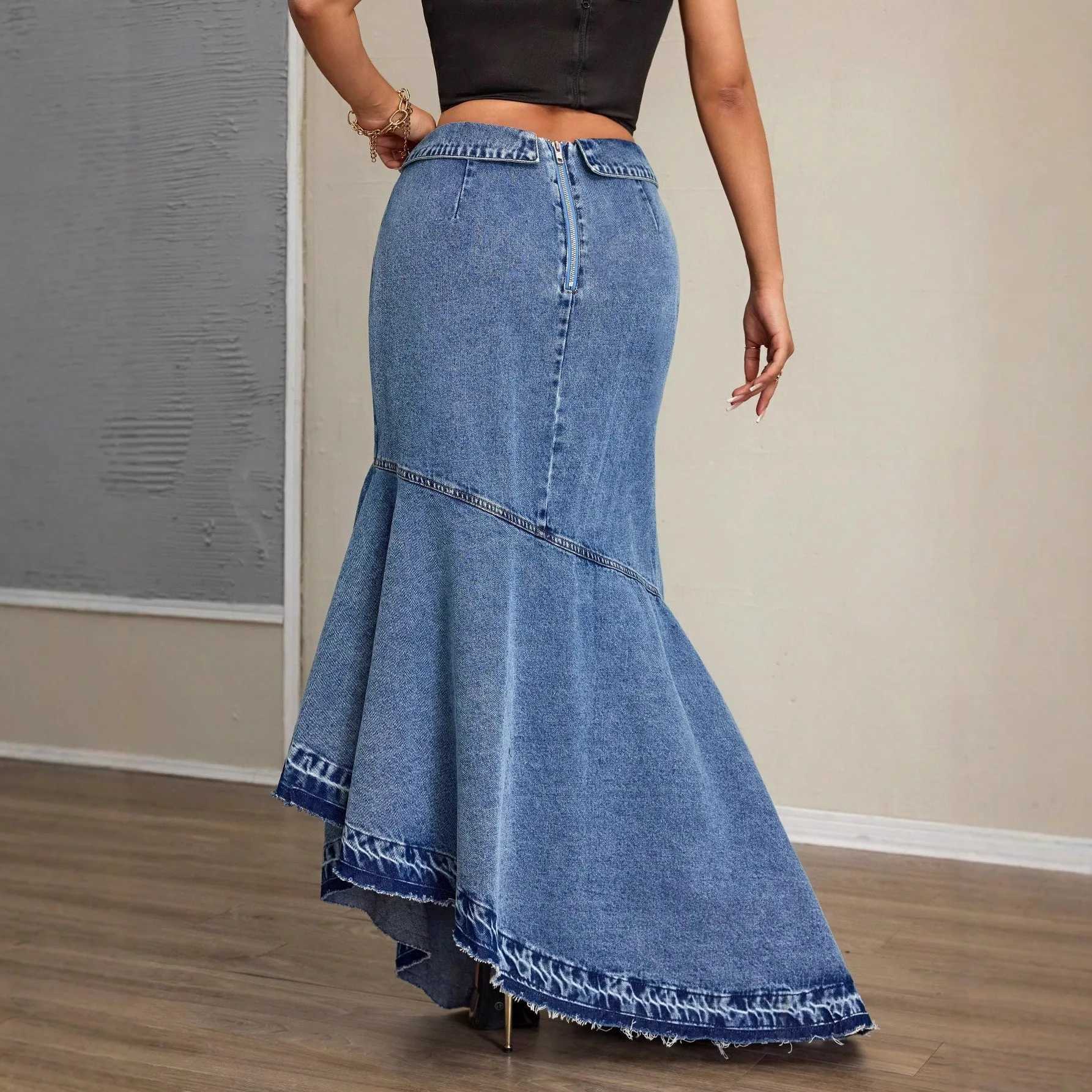 Fashion Denim Skirt Women Autumn High Waist Asymmetrical Slim Solid Color Slit Fishtail Skirt Elegant Commuter Lady Long Skirt M260314