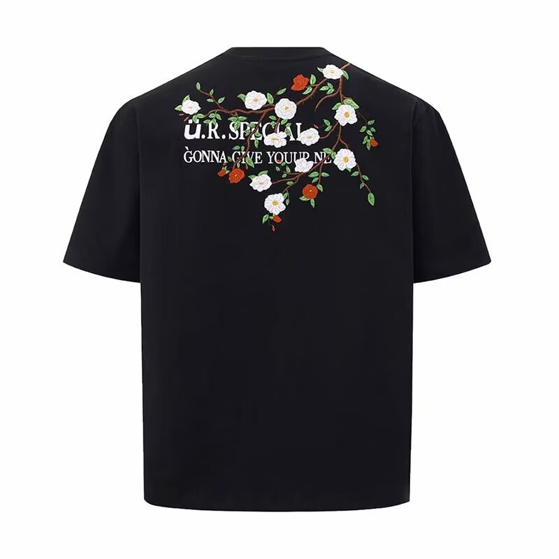 Summer American Designer Hoodie Retro Black Designer T-shirt Polo With Floral Embroidery On The Back Men's Fashion Trendy Casual And Stylish