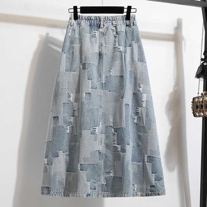 High Waist A-Line Midi Skirt Womens Denim f-length Spring Autumn Faion Slimming Loose Umbrella Skirt Korean Sle M260314