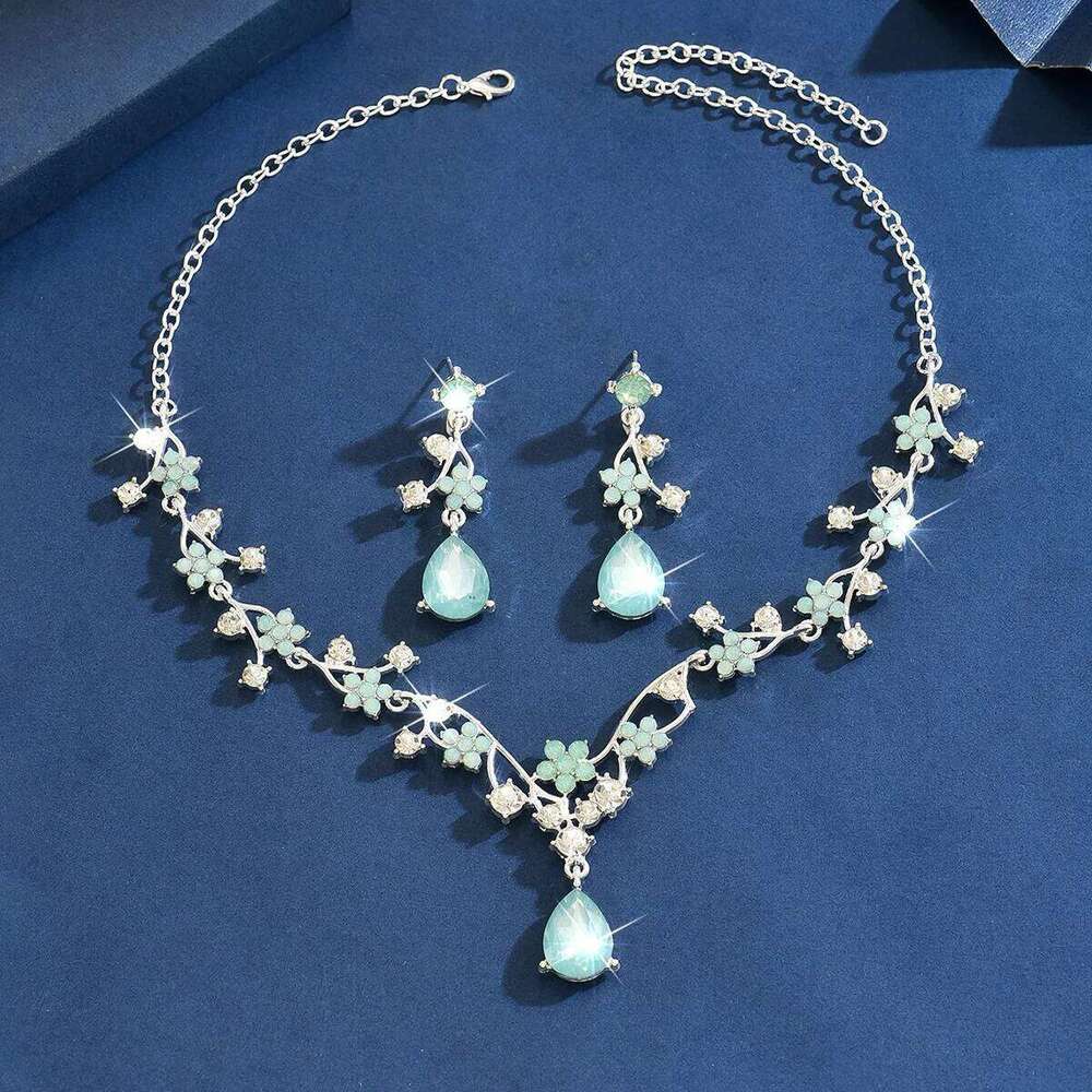 Floral Teal Crystal Necklace Earrings Set Women's Party Jewelry Flower Vine Water Drop Pendant Bridal Wedding Accessories Z260313