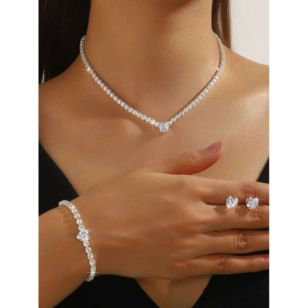Ladies' Fashion, Heart-Shaped Crystal Zircon Earrings, Necklace Set, Bride'S Wedding Dress, Jewelry And Accessories Z260313