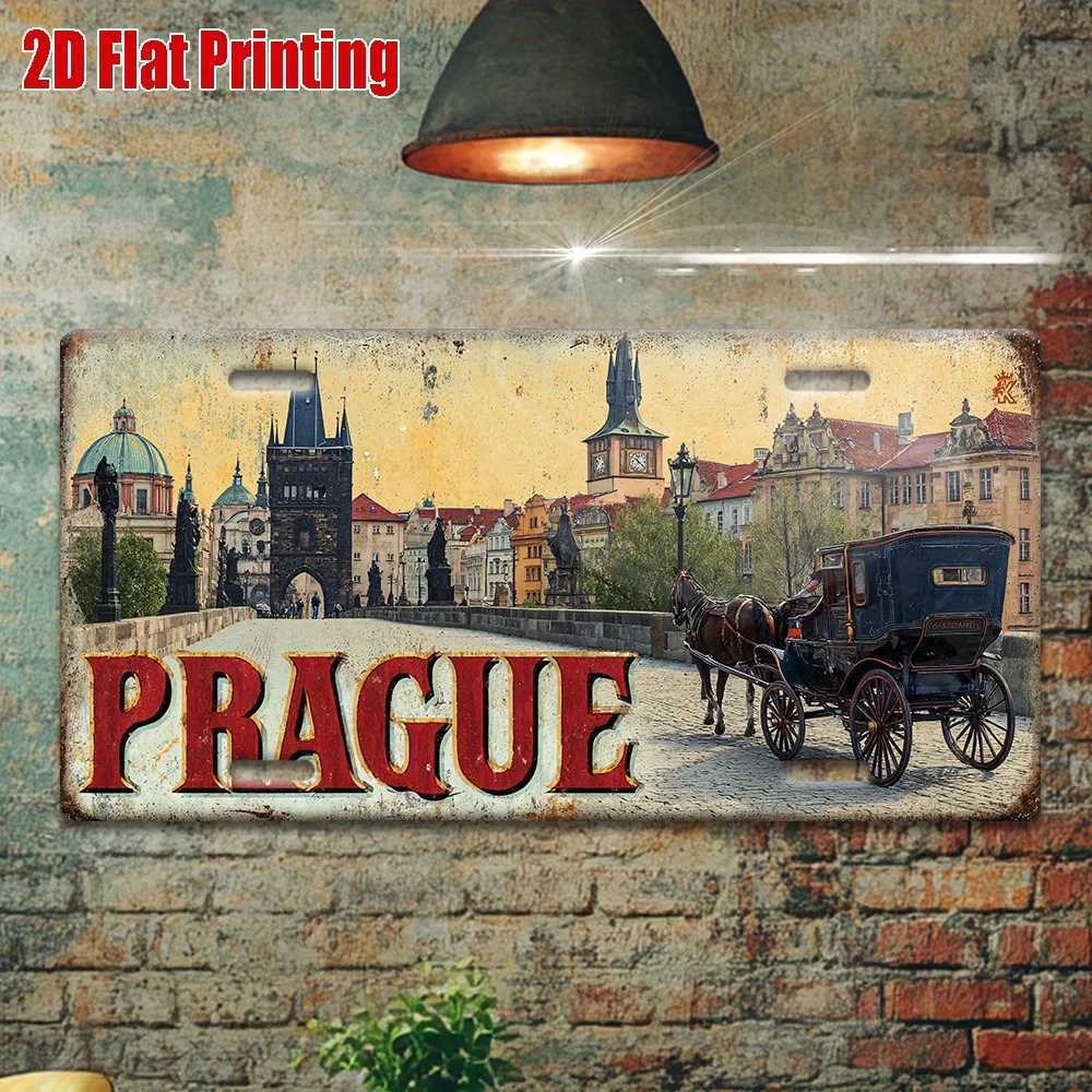 Printing Vintage Metal License Plate Outdoor Wall Art PRAGUE Aluminum Sign with Historic City and Horse Carriage Scene D260314
