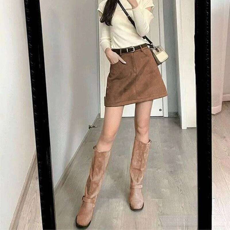 2025 New Fashion Suede Mini Women Vintage All-Match Streetwear Brown Short Skirt Autumn Winter High Waist A-Line Skirts Z260314