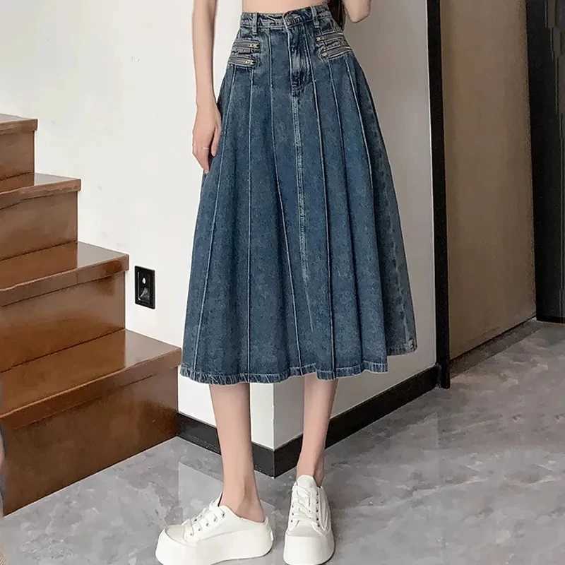 New Summer 2025 High Waist Retro Style Elegant Womens Cowboy Pleats Half Skirt Appear Thin Zipper Leisure Ladies Denim Skirt M260314