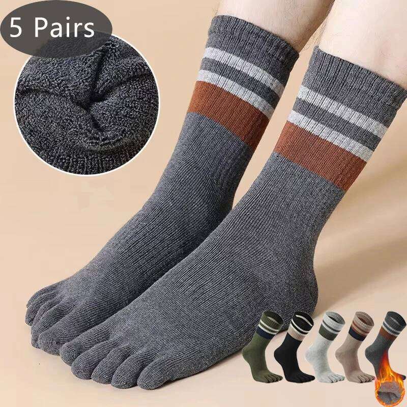 Pairs Terry Toe Man Cotton Striped Thick Soft Elastic Sweat-Absorbing Keep Warm Party Dress Long 5 Finger Happy Socks Z260314