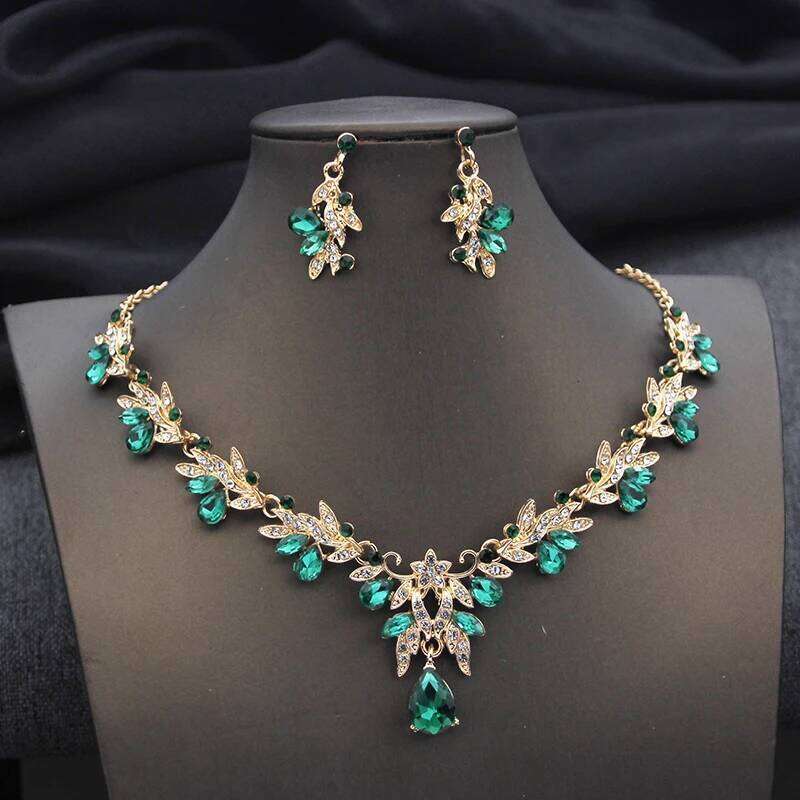 Luxury Green Crown Bridal Sets for Women Tiaras and Necklace Earrings Bride Jewelry Set Wedding Costume accessories Z260313