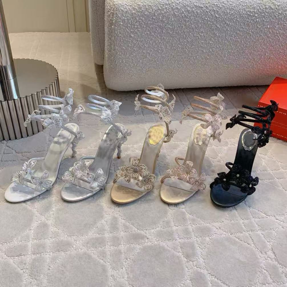 Top quality Rhinestone Bowtie Embellished sandals Pearl Crystals Gem stiletto Heels Evening shoes women high heeled Luxury Designers Wraparound Dress shoes bag