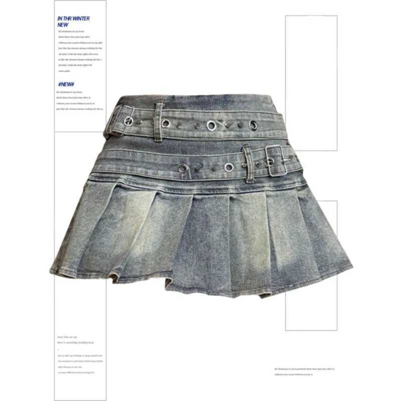 Womens Blue Black Riveted Belt Denim Skirt Y2K Harajuku High Street Fashion 90s Sexy A-line Mini Skirt Summer Clothing 2025 New M260314