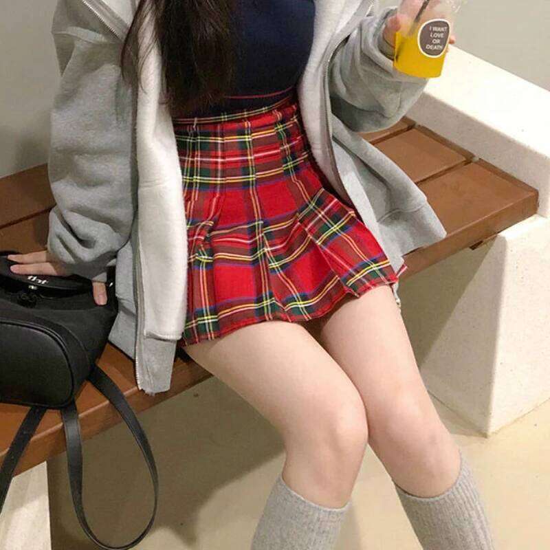 Plaid Pleated Mini Skirts For Women Casual Simple Korean Fashion Preppy Style Vintage Chic High Waist Faldas Hotsweet All-match Z260314