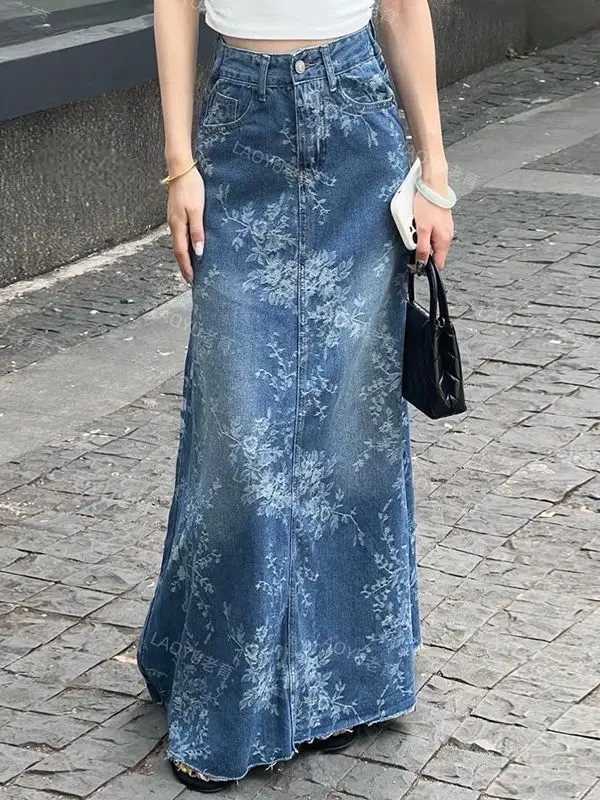 Floral Denim Midi Skirt for Women in Summer Thin and High Waisted A-line Long Skirt Loose and Slimming Big Swing Skirt M260314