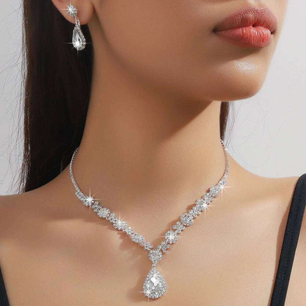 Luxury Blue Crystal Jewelry Set Women Necklace Earrings Shiny Sapphire Style Silver Tone Party Wedding Accessories Z260313