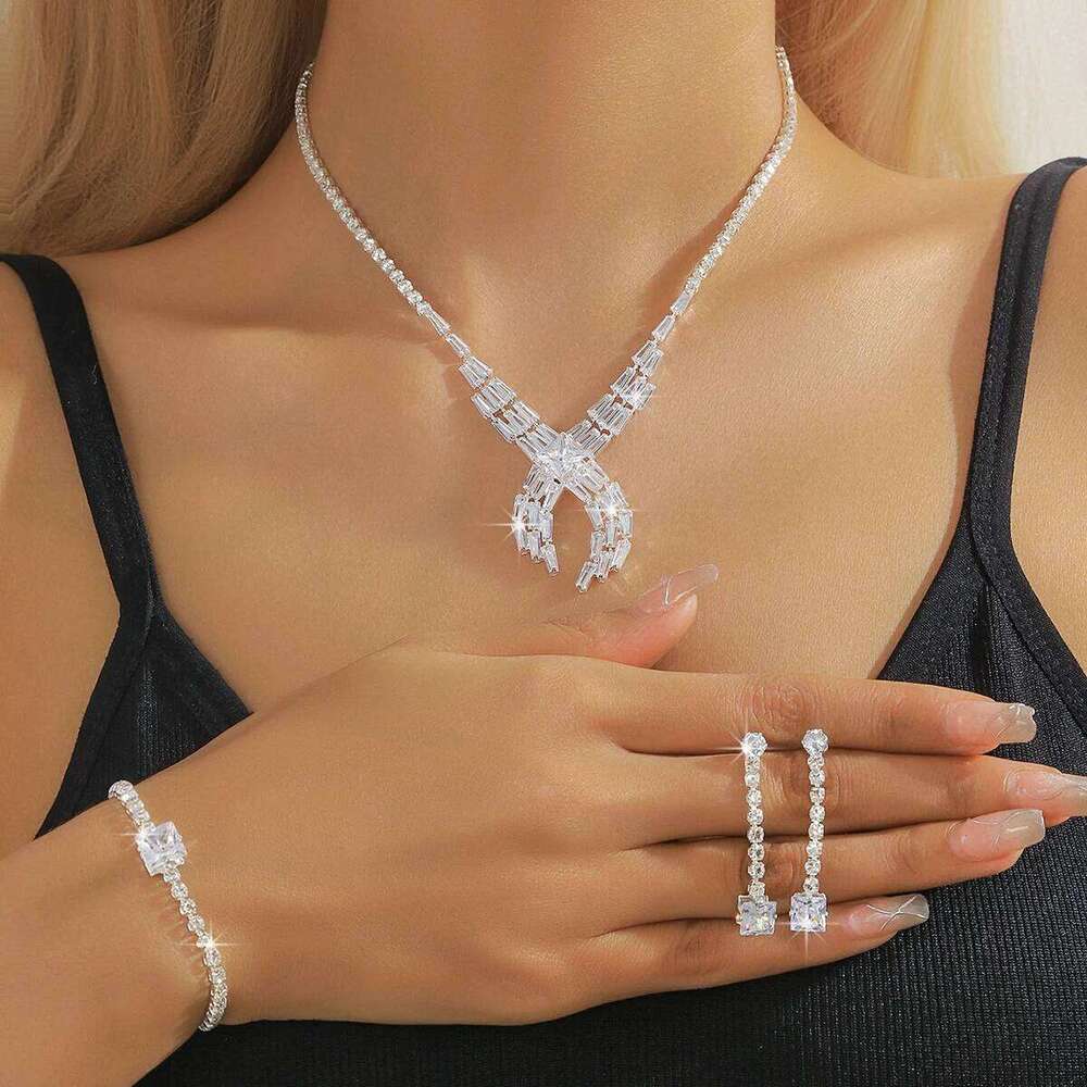4PC Women's Fashion Geometric Cross Necklace Earrings Bracelet Jewelry Set Suitable for Wedding, Party, Festival Gifts-8509 Z260313
