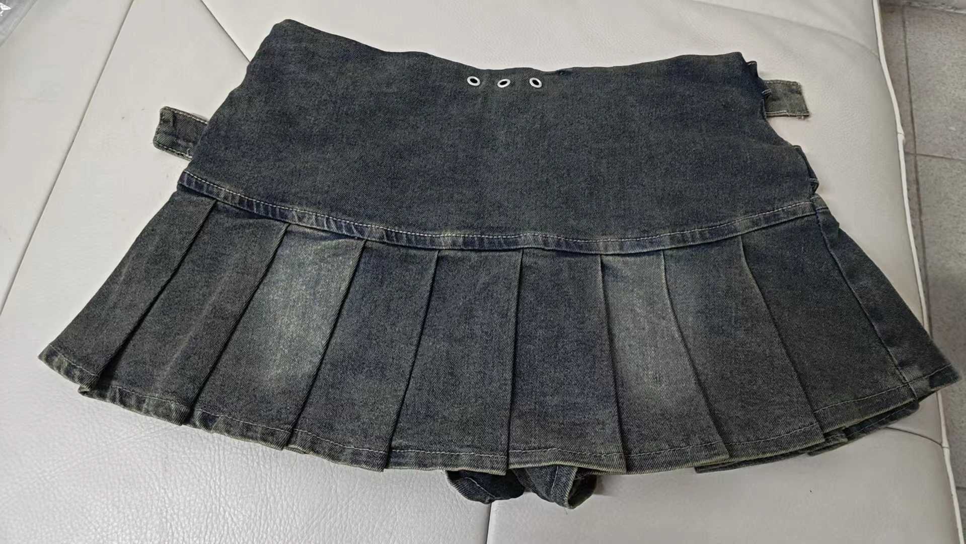 Vintage Denim Skirt Women Sexy Spicy Pleated Mini Skirt Punk BlaCK GoTHic Streetwear Short Jean Skirts AesTHetics M260314