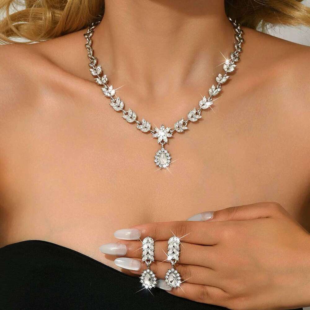 European and American Versatile Bridal Earrings, Necklace, Two Piece Set, Full Diamond Water Drop Alloy Accessories Z260313