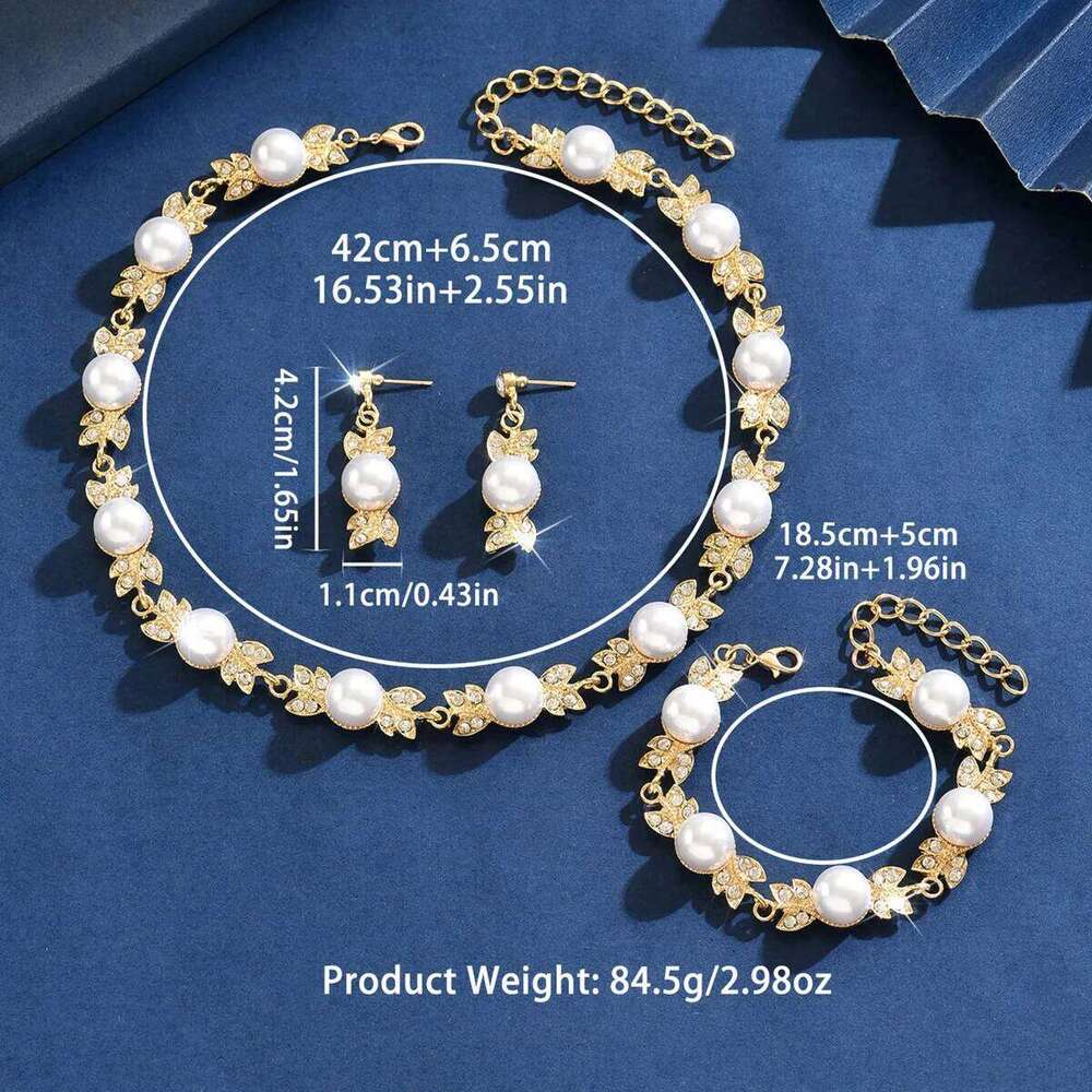 Faux Pearl & Crystal Jewelry Set Necklace+Bracelet+Earrings Silver-Tone for Women Party Wedding Accessories Product Descriptio Z260313