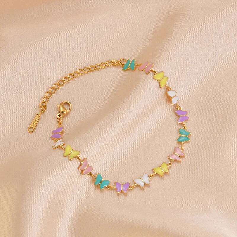 Vintage Colorful Drop Oil Butterfly Women Gold Color Stainless Steel Charms Bracelets Girlfriend Gift Z260313