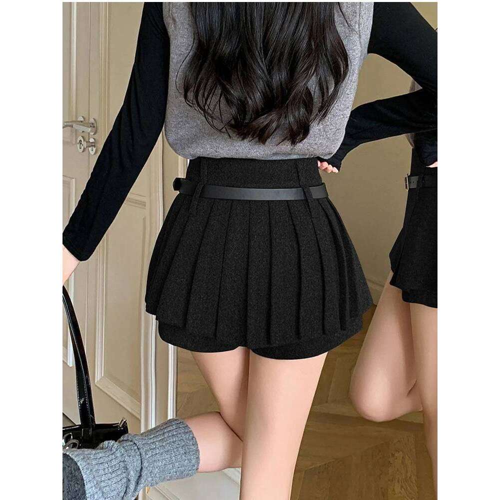 Preppy Style Gray Winter Thicken Women's Wool Skirt With Belt High Waist Casual Slim Hotsweet Y2k A-line Short Skirts Female Z260314