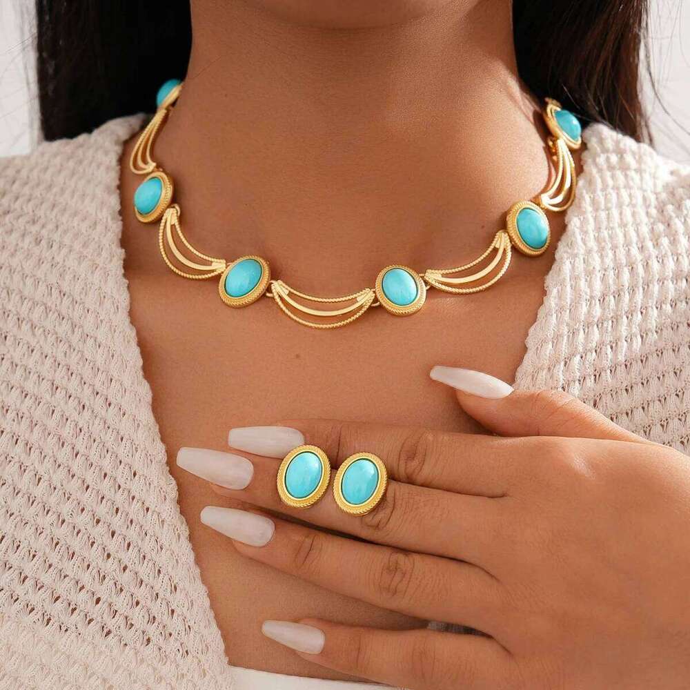 New Vintage Stone Earrings and Necklace Set for Women Simple Fashion Jewelry Accessories Hot Sale Party Gift 2026 Wholesale Z260313