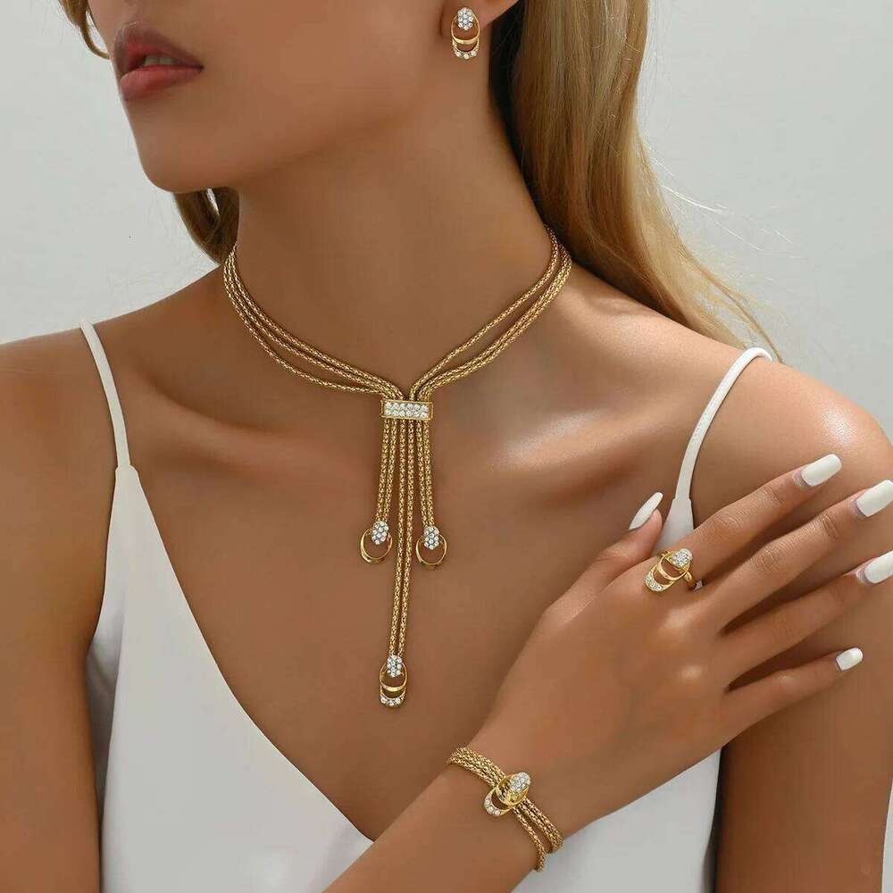 Korean Simple Pendant Necklace Earrings U Shape Inlay Zircon for Women Niche Design Collarbone Chain Finger Ring Jewelry Set Z260313