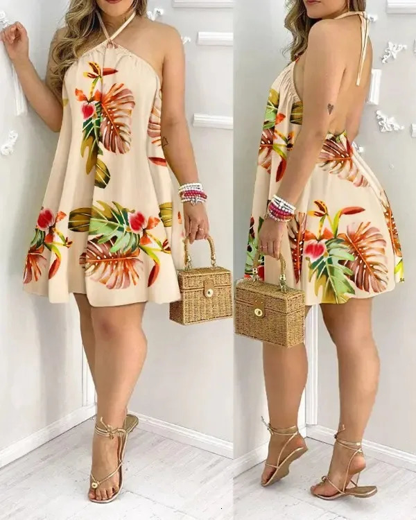 Tropical Print Halter Neck Dress Vacation Style Backless Dress For Spring Summer Womens Clothing 260312