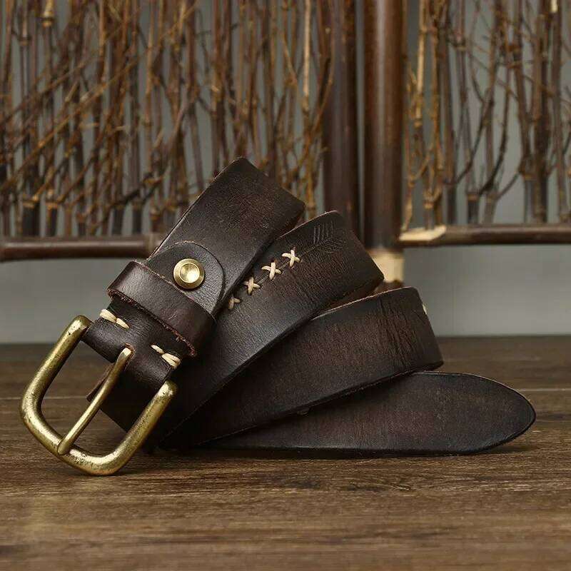 3.3 CM Pure Cowhide Genuine Leather for Men's High Quality Jeans Brass Buckle Belts Cowboy Waistband Male Fashion Z260226