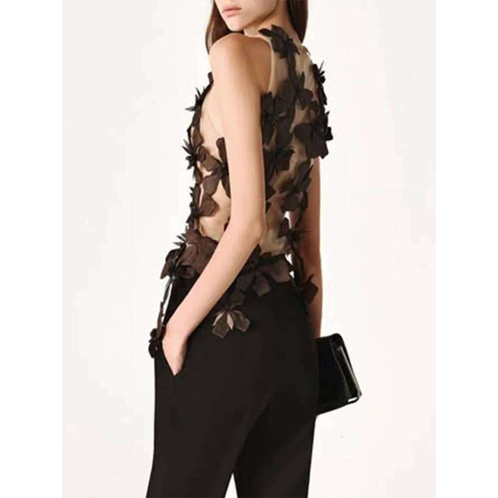 Gestring Women Tank Tops Spring Summer New Fashionable Mesh Flower Stitching Sleeveless Vest All Match Slim Ladies Camis MAKOUFEI