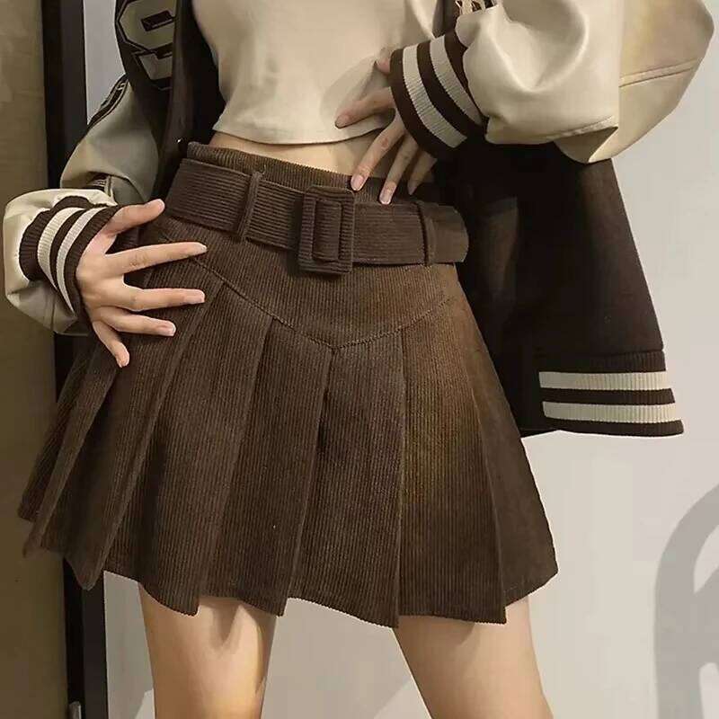 Cord Belted Pleated Texture Corduroy Box Pleat Mini Skirt with Belt Women Teen-girl Academy School Autumn Winter Outfit Z260314