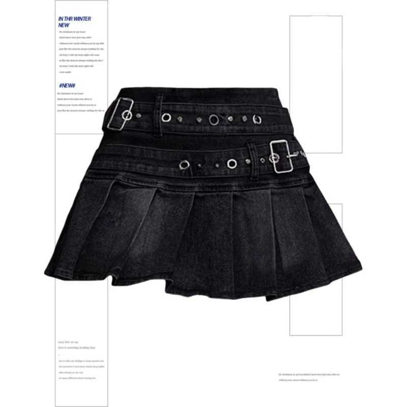 Womens Blue Black Riveted Belt Denim Skirt Y2K Harajuku High Street Fashion 90s Sexy A-line Mini Skirt Summer Clothing 2025 New M260314