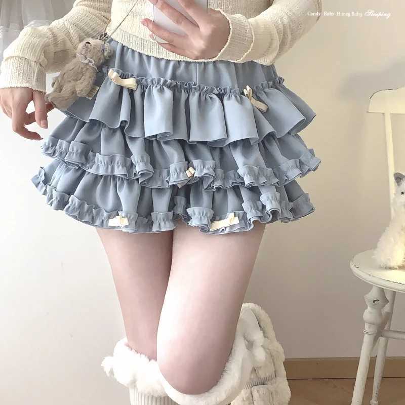 Sweet Ruffles Mini Skirt Women Kawaii Lolita Bow A Line Skirts Harajuku Japanese Cute High Waist Pink Blue Cake Skirt M260314