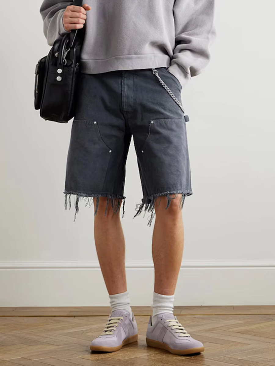 MIJKO Unisex Work Shorts Spring Summer Rivet Pocket Logger Cat Whisker Fuzzy Edge Cuff Trendy for Men And Women TJ174