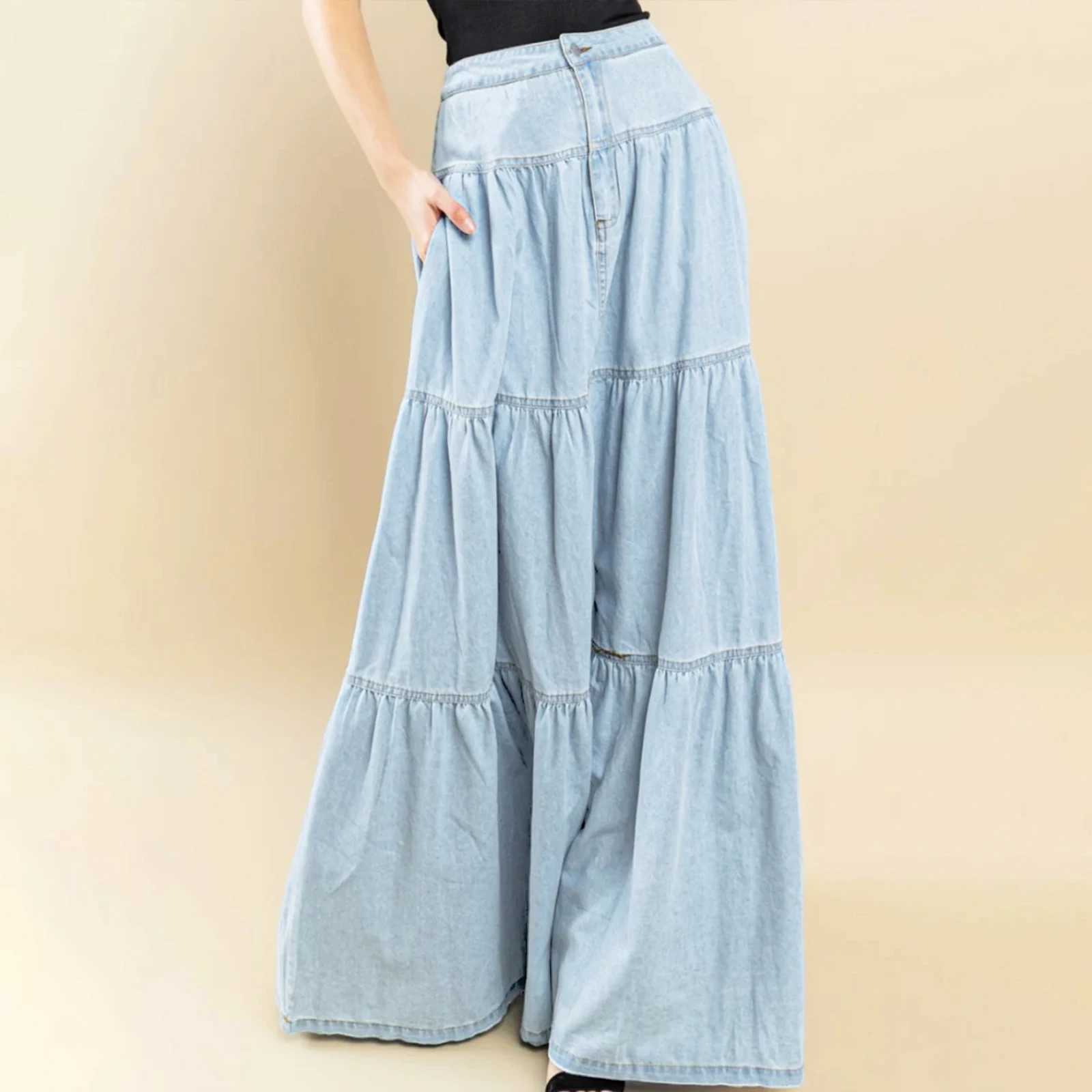 New Womens Denim Long Skirt Stylish Solid High Waist A-Line Jean Skirt For Summer Spring Club Street Style S-XL M260314