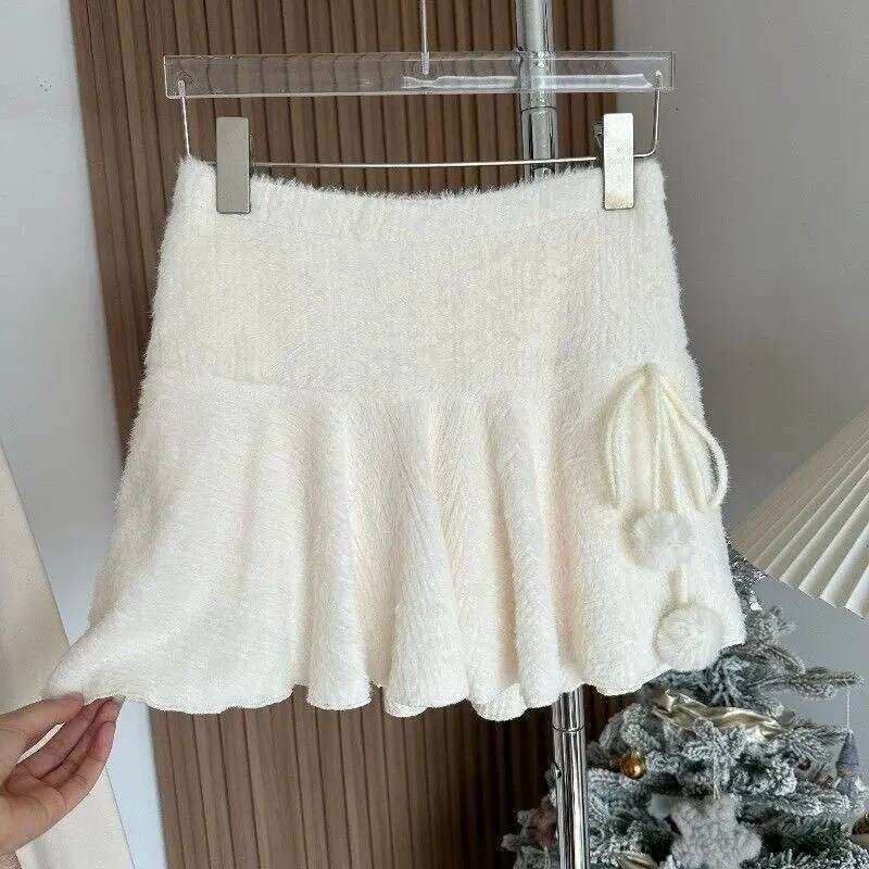 Spring Autumn Winter Women White Short Japanese Fashion Female High Waist Knitted Skirts Ruffled A-line Mini Skirt Z260314