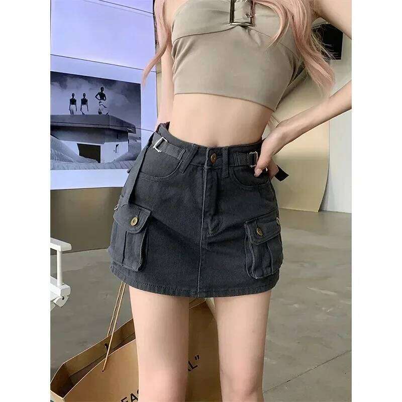 Khaki Cargo Denim Short dress Women American vintage A Word High Waist Skirt Gyaru Anti-exposure Hip-wrapped Culottes Z260314