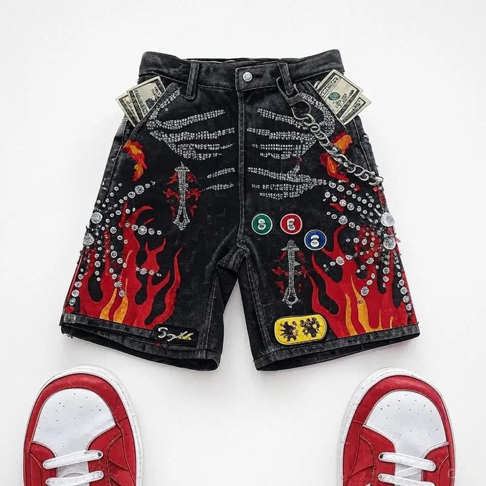 Streetwear Rhinestone Skeleton Flame Denim Shorts Vintage Y2K Baggy Pants Jeans Chain Patches Embroidery Graphics Womens Men 260311
