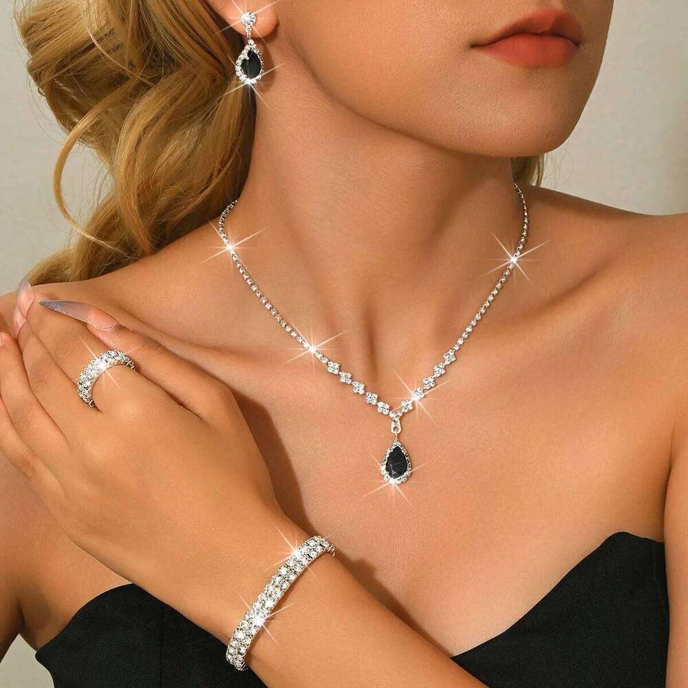 Glamorous Evening Jewelry Set Black Waterdrop Zircon Necklace Earrings Ring Bracelet Bridal Party Shiny Accessories Z260313