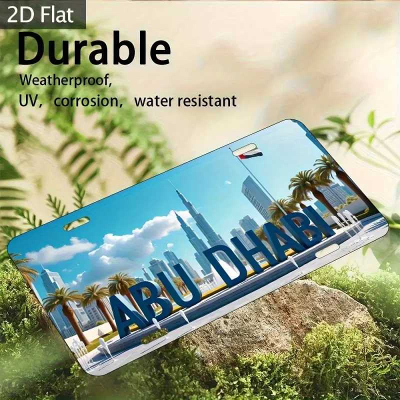 2D Flat 1pc Abu Dhabi Cityscape Aluminum Sign - 6x12 Inch Decorative Metal Car Accessory with Burj Khalifa and Palm Trees D260314
