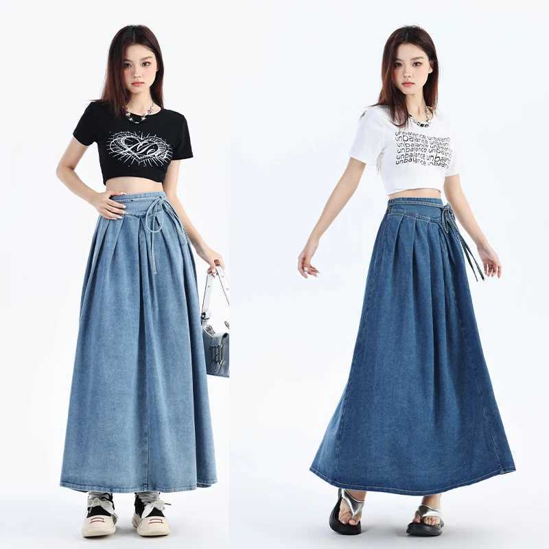 Autumn 2024 New High Elastic Waist Long Denim Skirt For Women Korean Style Streetwear Lace-up Blue Maxi Jeans Skirts Female M260314