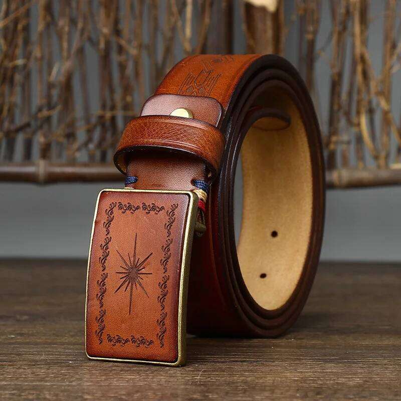 Men Retro Handmade Genuine Leather Fashionable Vintage Carving Pattern Smooth Buckle Belts Male Jeans Waistband Belt Z260226