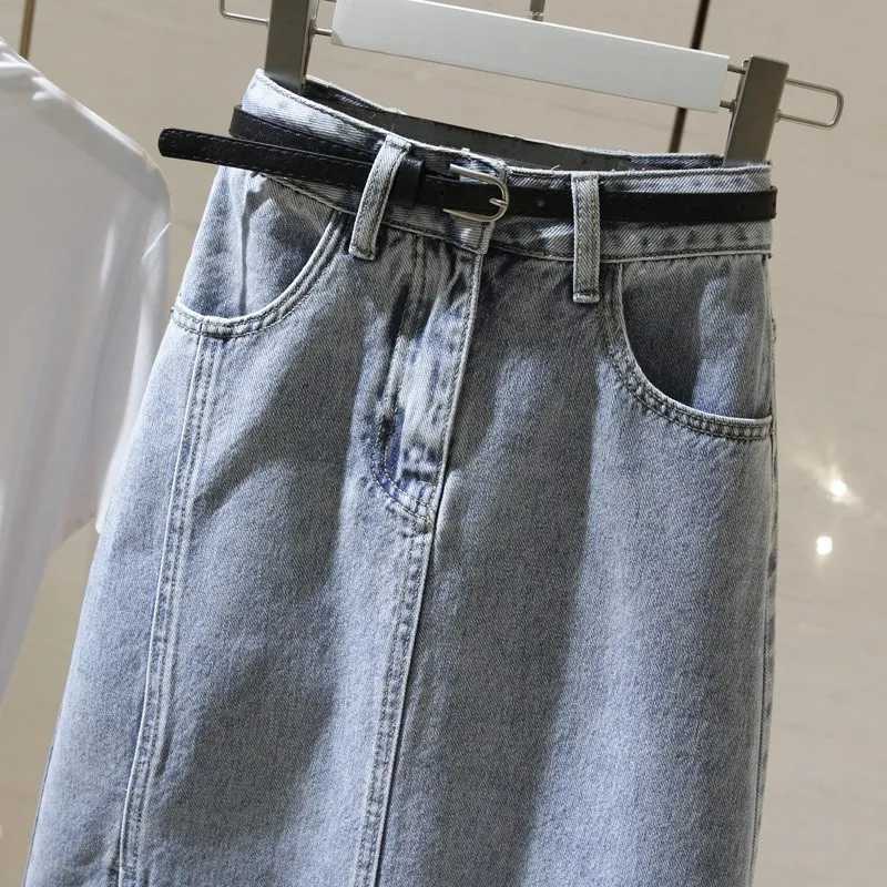 Versatile Chic Light Blue High Waist Denim Skirt Women Midi A-Line Bodycon Slit Slim Fit Stretch Cotton Casual Elegant New Style M260314