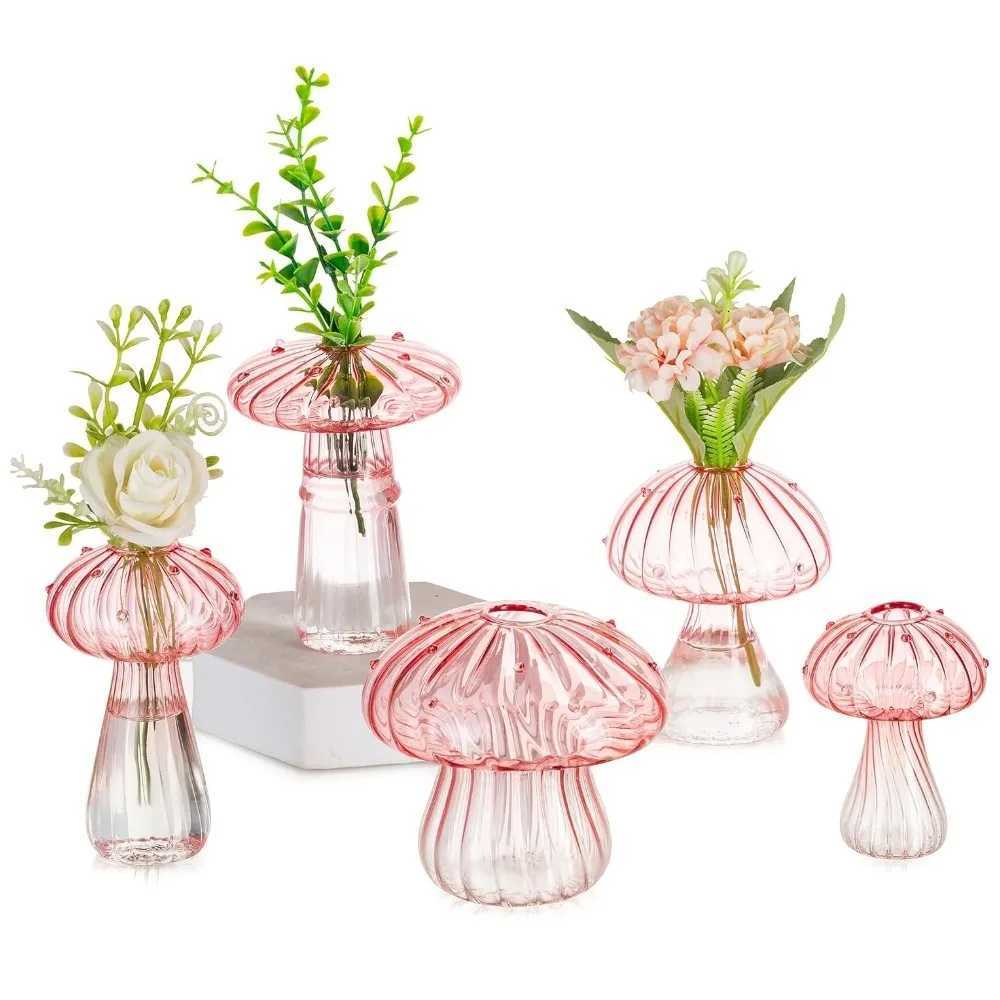 5Pcs Glass Mushroom Flower Vase Cute Colored Glass Vase Unique Bud Small Vase Flowers Aesthetic Decorative Vases for Home Decor Y260314