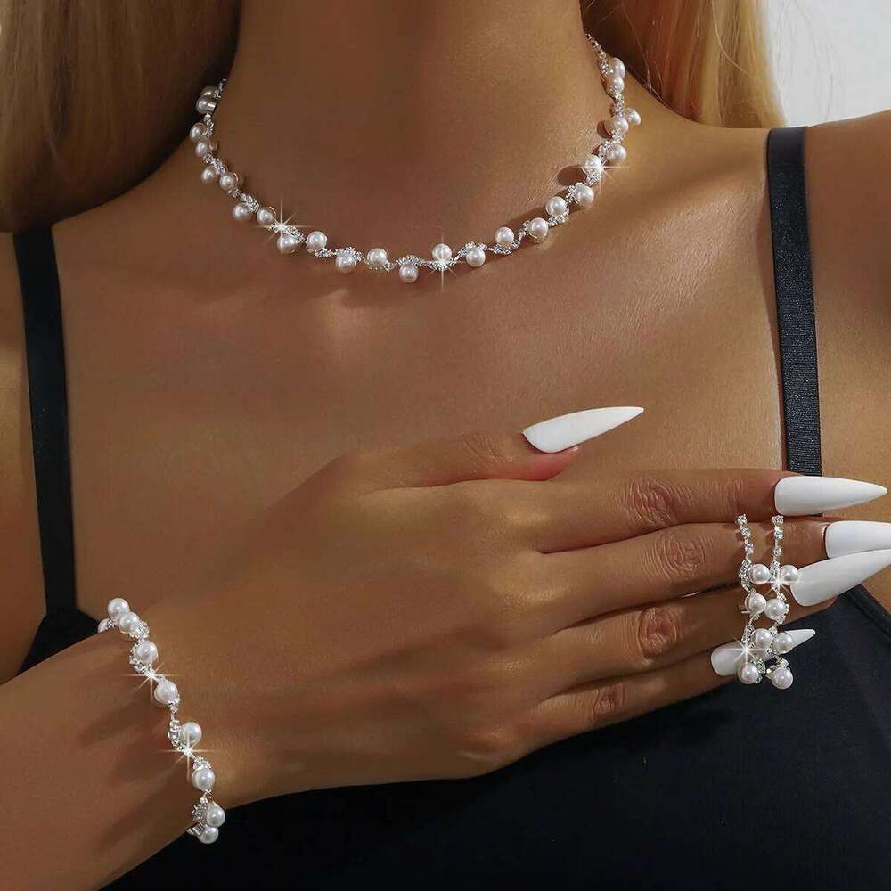 Pearl & Crystal Jewelry Set Choker Necklace Bracelet Drop Earrings Bridal Accessories for Wedding Prom Party Women Daily Wear Z260313