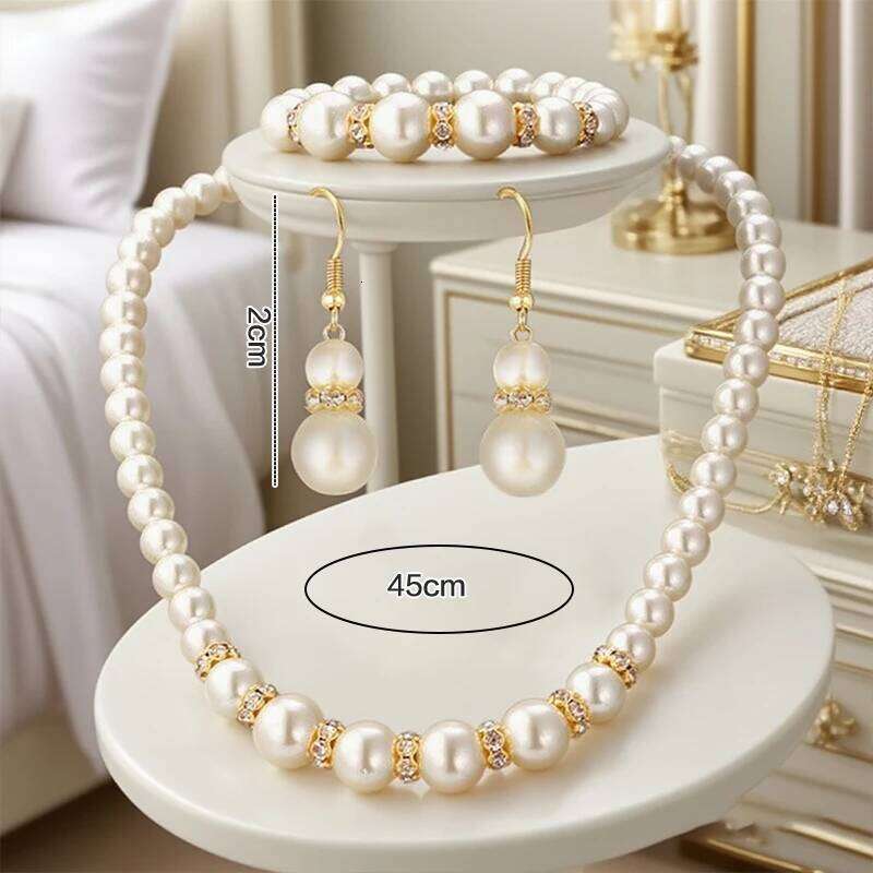 3in1 Set Elegant Simulated Pearl Earrings Bracelet Long Necklace Women Bridal Wedding Jewelry Gift Z260313
