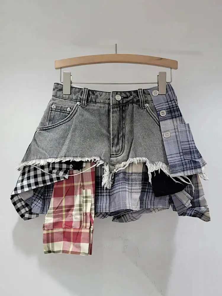 DEAT Womens Denim Skirt Colored Plaid Patchwork Irregular Deconstructed A-line High Waist Mini Skirt 2026 Spring New Fashion M260314