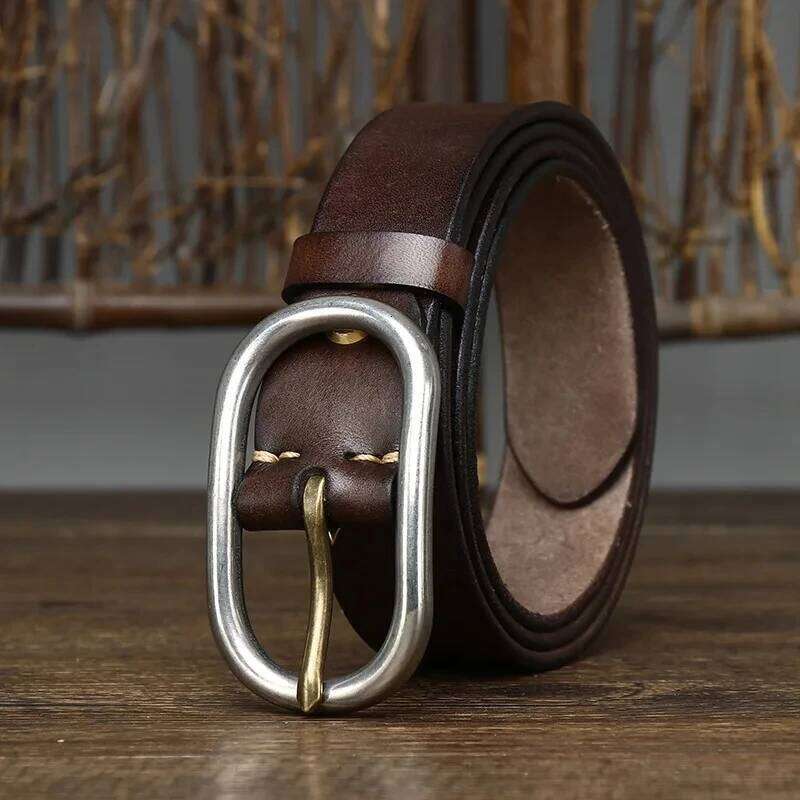 3.3CM Male Retro Natural Thick Cowskin Genuine Leather Casual Stainless Steel Buckle Head Men's Jeans Belt Z260226