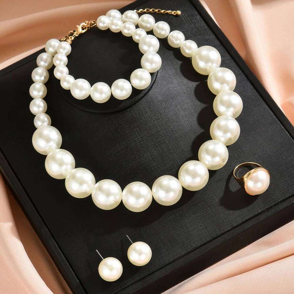 Elegant Faux Pearl Jewelry Set Women Necklace Earrings Ring Bracelet Classic White Party Wedding Accessories Z260313