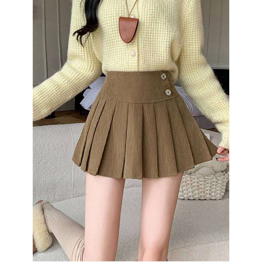 College Style Corduroy Hot Girl Pleated Skirt Woman Autumn Winter Casual Retro Short Skirts With Buttton Coffee Z260314