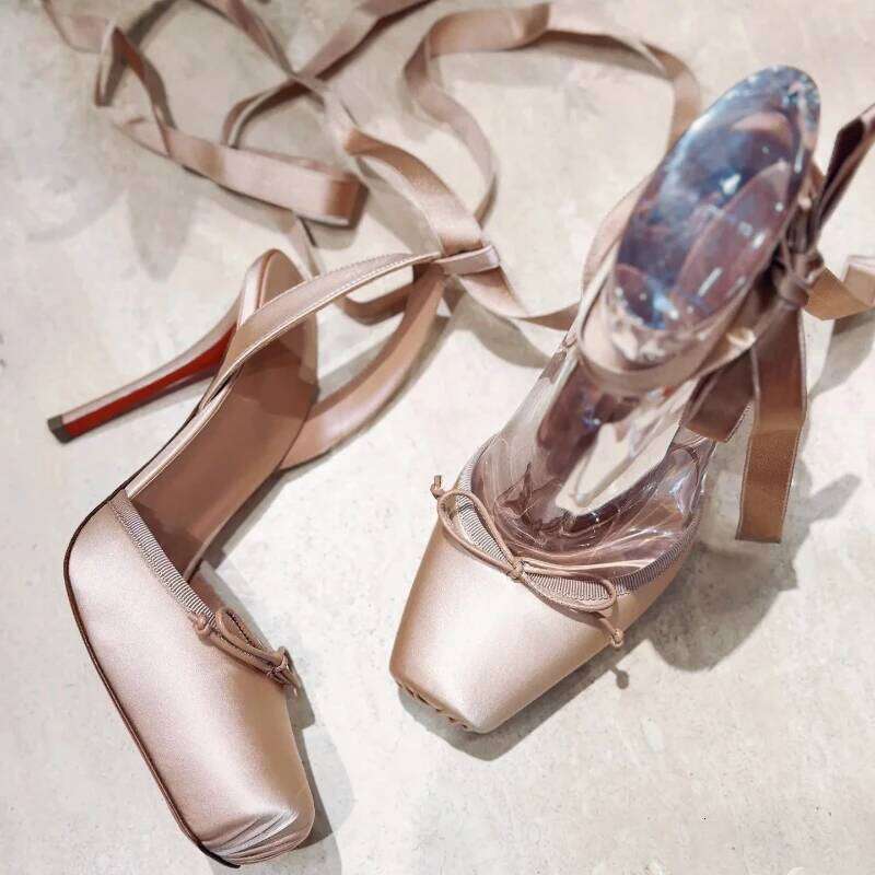 Luxury Brand Ballet Women Ankle Strap Satin Square Toe Dress Shoes Hollow Fashion Elegant High Heels Sandals Ladies Pumps