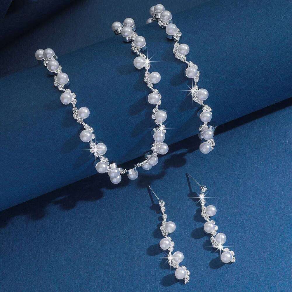 Pearl & Crystal Jewelry Set Choker Necklace Bracelet Drop Earrings Bridal Accessories for Wedding Prom Party Women Daily Wear Z260313